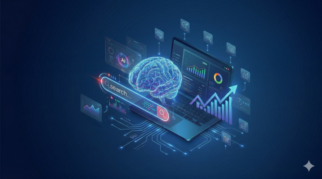 Artificial intelligence in SEO process including keyword research content optimization and ranking factors